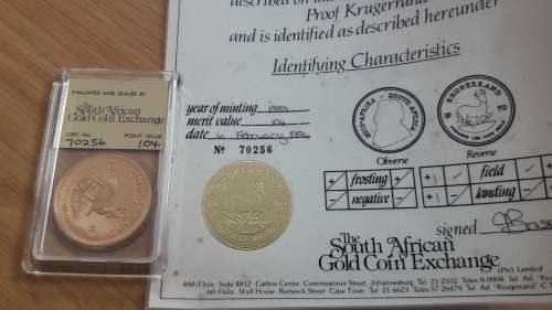 1OZ Gold KRUGERRAND 1983 Guarantee of Authenticity and Evaluation Certificate included.  PROOF